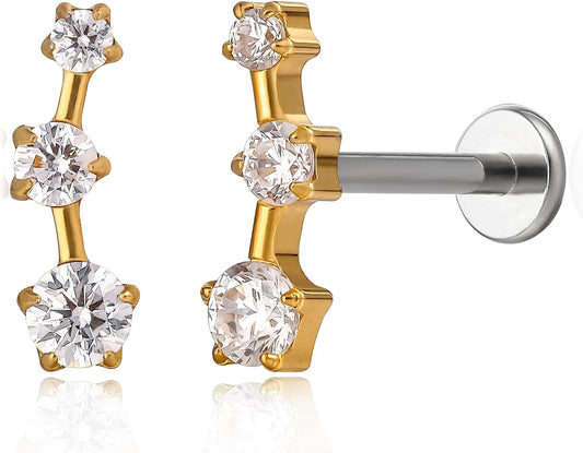 limerencia 18G Flat Back Internal Threaded Studs Climber Crawler F136 Titanium Earrings Hypoallergenic Cubic Zirconia Tragus Helix Conch Piercing Jewelry for Women (a pair)