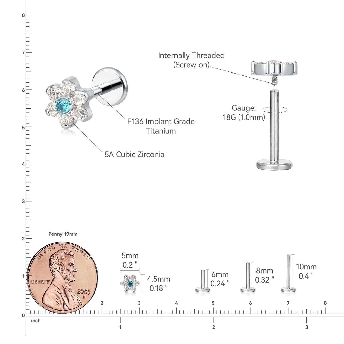 limerencia Hypoallergenic Titanium ASTM F136-18G 6mm 8mm 10mm Flat Back Internal Thread Stud Earring Piercing Jewelry for Tragus Helix Conch Cartilage Nose Lip(1pc)