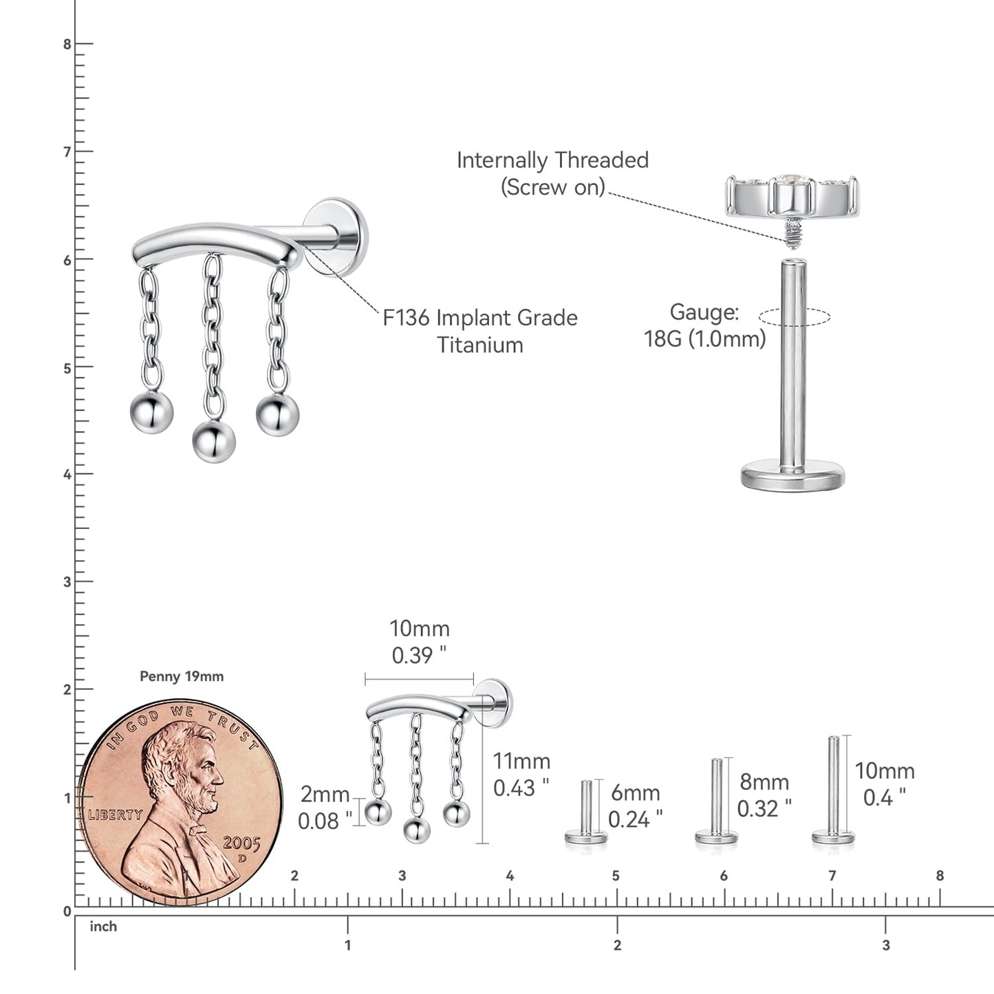 limerencia Hypoallergenic Titanium ASTM F136-18G 6mm 8mm 10mm Flat Back Internal Thread Stud Earring Piercing Jewelry for Tragus Helix Conch Cartilage Nose Lip(1pc)