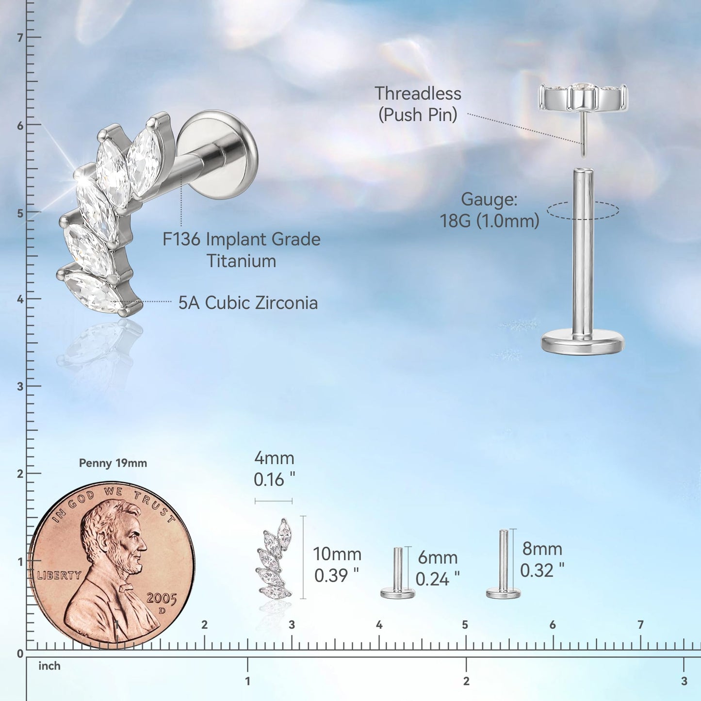 limerencia ASTM F136 Threadless Push in Titanium Earrings,Hypoallergenic Flat Back Cubic Zirconia G23 18G 6mm 8mm Body Piercing Studs for Cartilage Helix Tragus Conch(a pair)