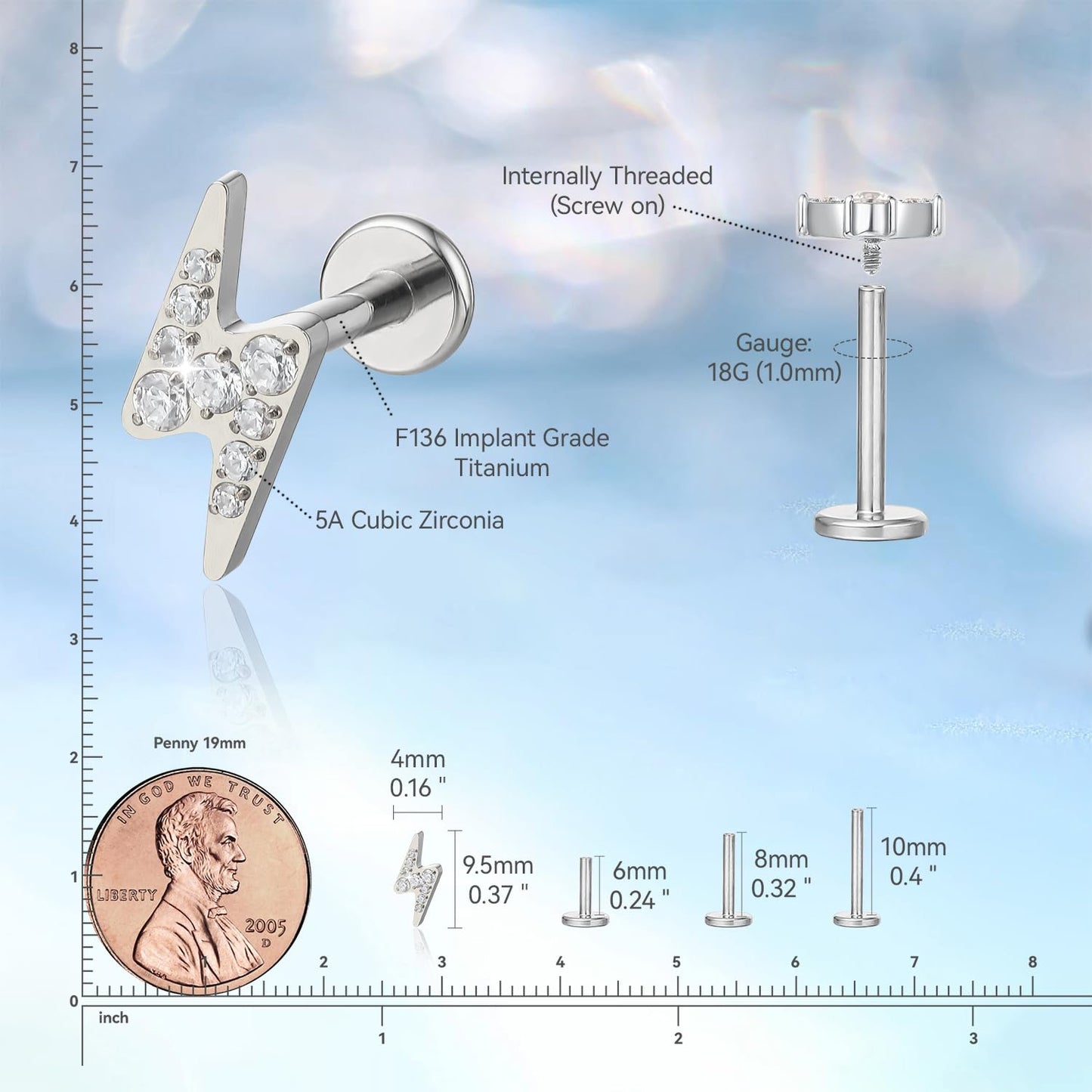 limerencia F136 Titanium Hypoallergenic Piercing Jewelry 18G 6mm 8mm 10mm Flat Back Internally Threaded Implant Grade Climber Stud Crawler Earrings For Cartilage,Tragus,Helix,Conch,Nose,Lip(1pc)