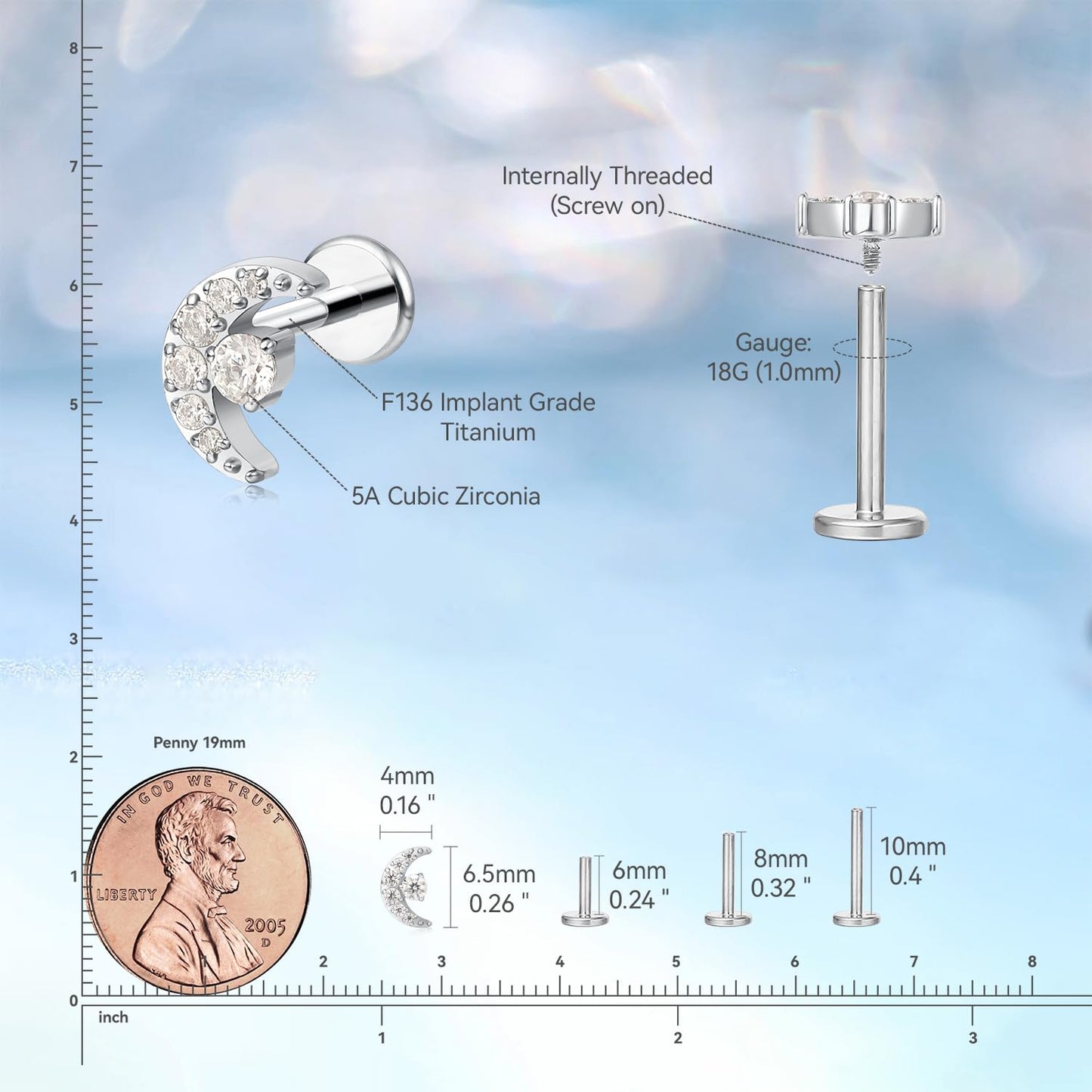 limerencia Hypoallergenic Titanium ASTM F136-18G 6mm 8mm 10mm Flat Back Internal Thread Stud Earring Piercing Jewelry for Tragus Helix Conch Cartilage Nose Lip(1pc)