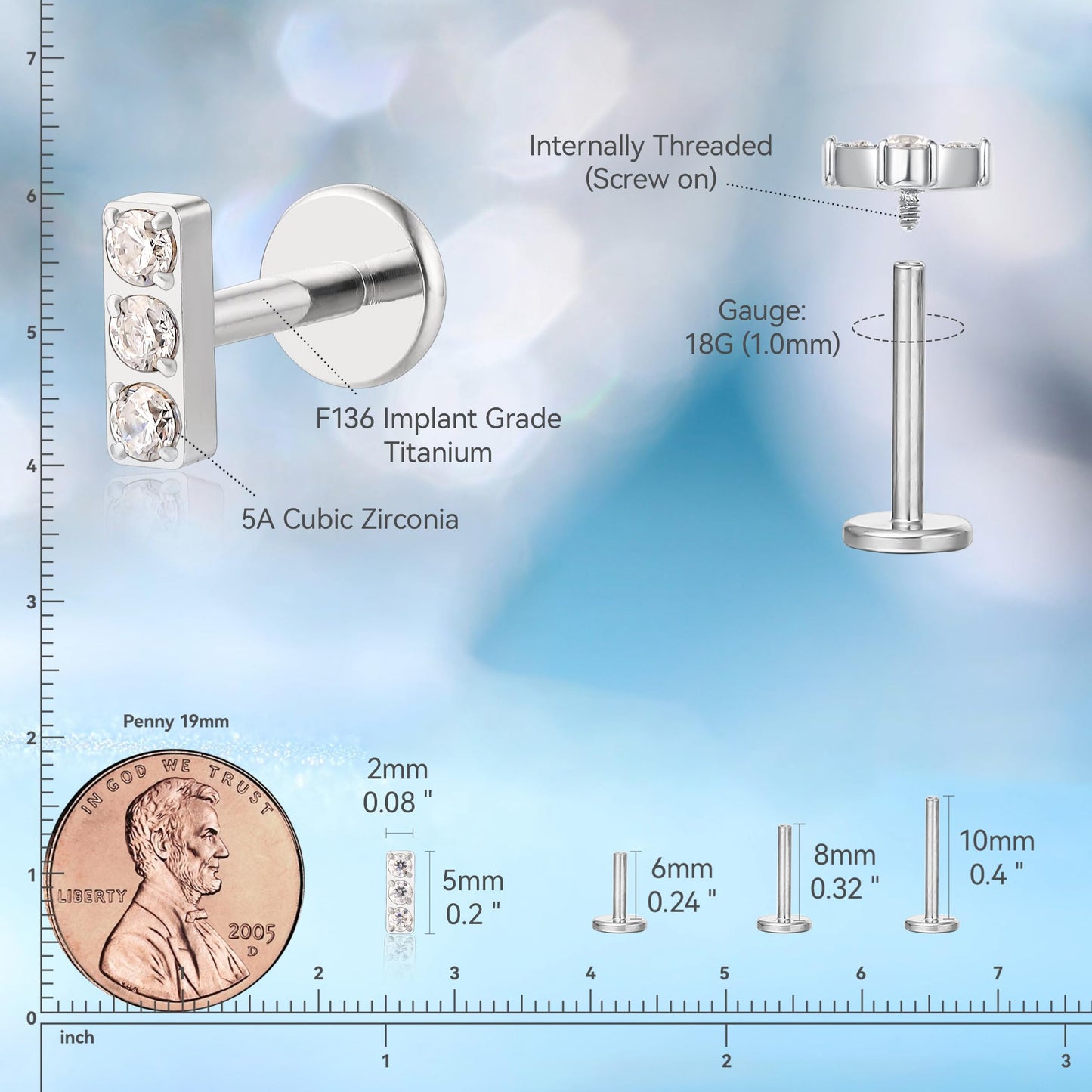 limerencia F136 Titanium Hypoallergenic Piercing Jewelry 18G 6mm 8mm 10mm Flat Back Internally Threaded Implant Grade Climber Stud Crawler Earrings For Cartilage,Tragus,Helix,Conch,Nose,Lip(1pc)