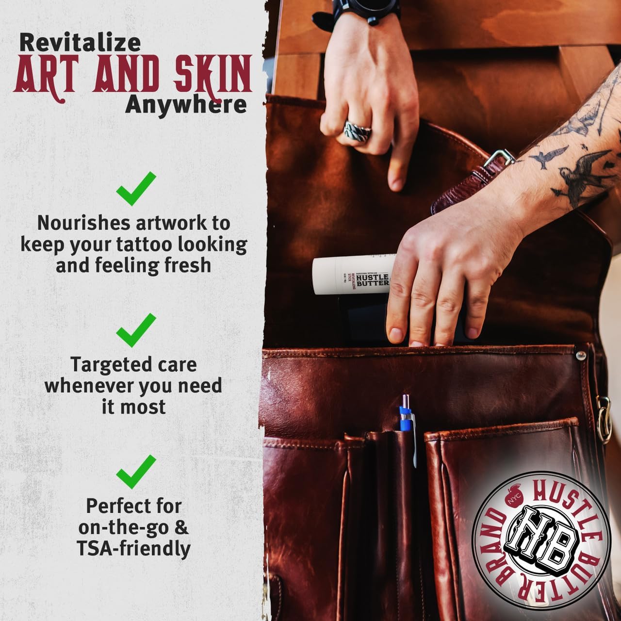 Hustle Butter Tattoo Aftercare - Portable Balm Stick - On The Go Tattoo Aftercare - Naturally Derived Vegan Cruelty Free - Mess Free - 1.6 oz