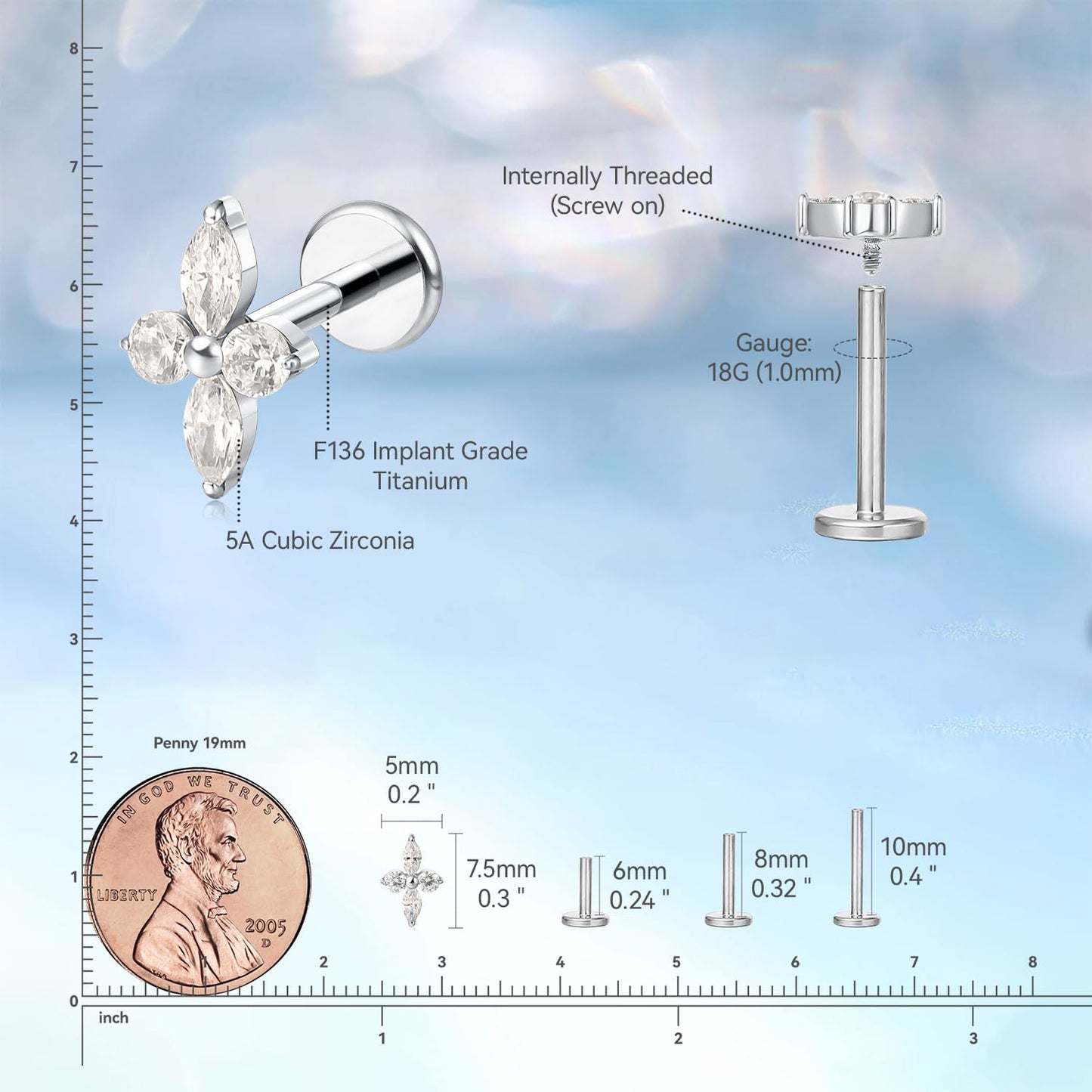limerencia Hypoallergenic Titanium ASTM F136-18G 6mm 8mm 10mm Flat Back Internal Thread Stud Earring Piercing Jewelry for Tragus Helix Conch Cartilage Nose Lip(1pc)