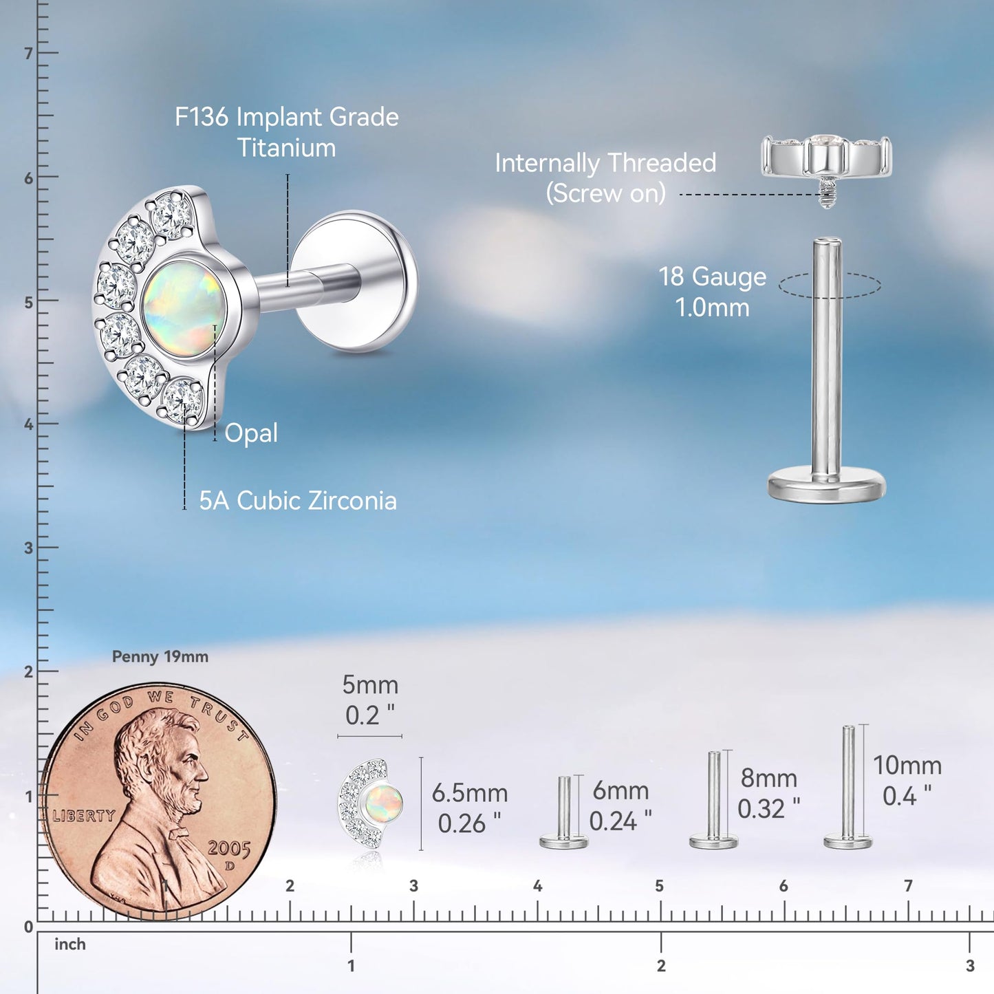 limerencia Hypoallergenic Titanium ASTM F136-18G 6mm 8mm 10mm Flat Back Internal Thread Stud Earring Piercing Jewelry for Tragus Helix Conch Cartilage Nose Lip(1pc)