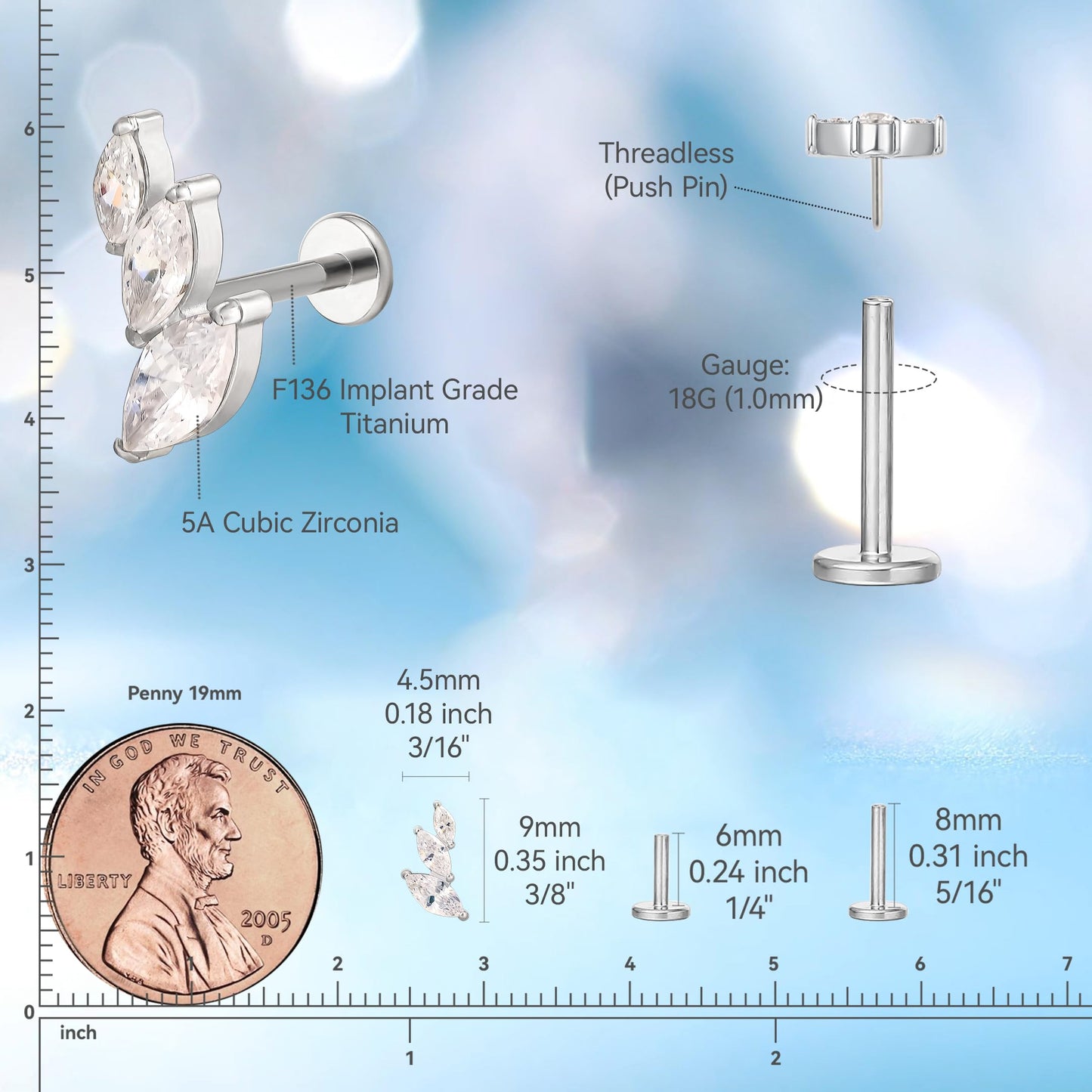 limerencia ASTM F136 Threadless Push in Titanium Earrings,Hypoallergenic Flat Back Cubic Zirconia G23 18G 6mm 8mm Body Piercing Studs for Cartilage Helix Tragus Conch(a pair)