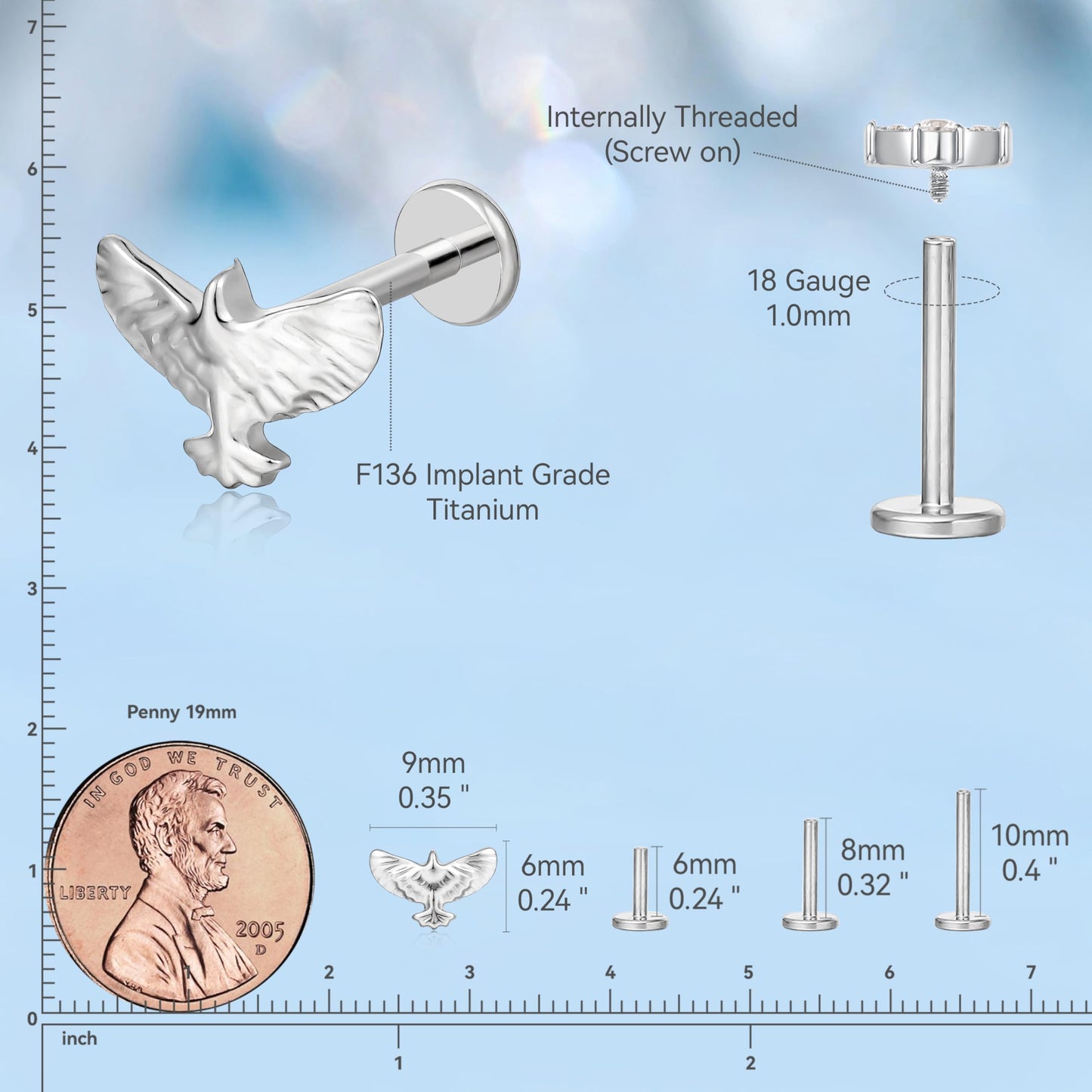 limerencia F136 Titanium Hypoallergenic Piercing Jewelry 18G 6mm 8mm 10mm Flat Back Internally Threaded Implant Grade Climber Stud Crawler Earrings For Cartilage,Tragus,Helix,Conch,Nose,Lip(1pc)