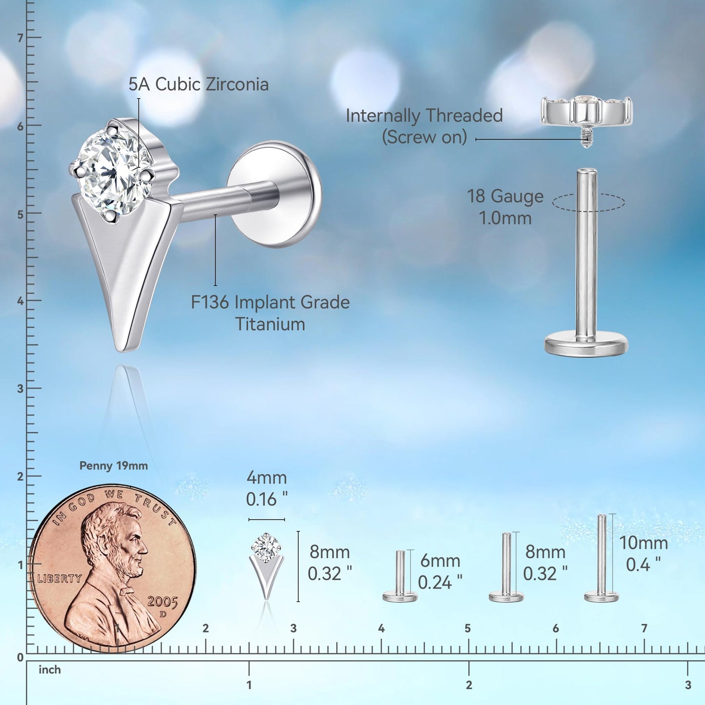 limerencia F136 Titanium Hypoallergenic Piercing Jewelry 18G 6mm 8mm 10mm Flat Back Internally Threaded Implant Grade Climber Stud Crawler Earrings For Cartilage,Tragus,Helix,Conch,Nose,Lip(1pc)