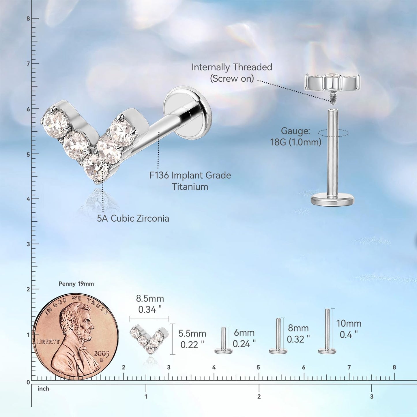 limerencia Hypoallergenic Titanium ASTM F136-18G 6mm 8mm 10mm Flat Back Internal Thread Stud Earring Piercing Jewelry for Tragus Helix Conch Cartilage Nose Lip(1pc)
