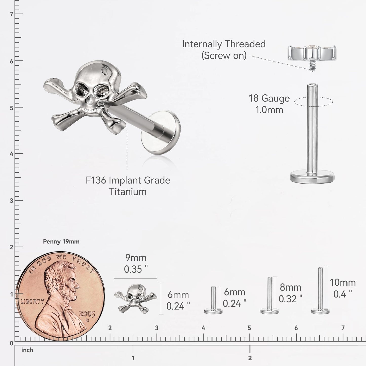 limerencia F136 Titanium Hypoallergenic Piercing Jewelry 18G 6mm 8mm 10mm Flat Back Internally Threaded Implant Grade Climber Stud Crawler Earrings For Cartilage,Tragus,Helix,Conch,Nose,Lip(1pc)