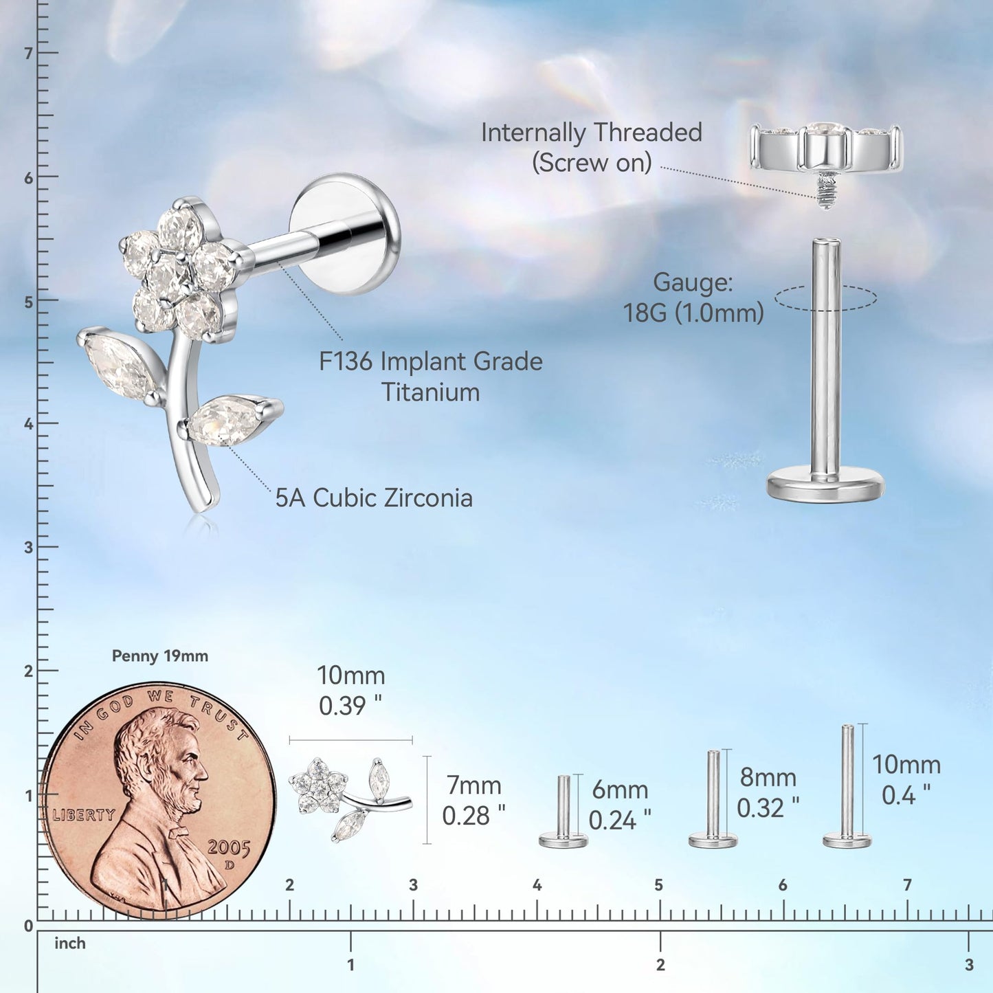limerencia F136 Titanium Hypoallergenic Piercing Jewelry 18G 6mm 8mm 10mm Flat Back Internally Threaded Implant Grade Climber Stud Crawler Earrings For Cartilage,Tragus,Helix,Conch,Nose,Lip(1pc)