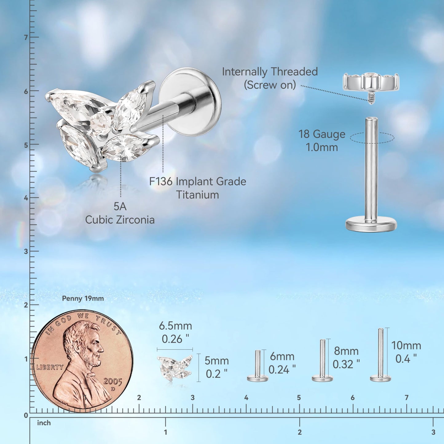 limerencia F136 Titanium Hypoallergenic Piercing Jewelry 18G 6mm 8mm 10mm Flat Back Internally Threaded Implant Grade Climber Stud Crawler Earrings For Cartilage,Tragus,Helix,Conch,Nose,Lip(1pc)