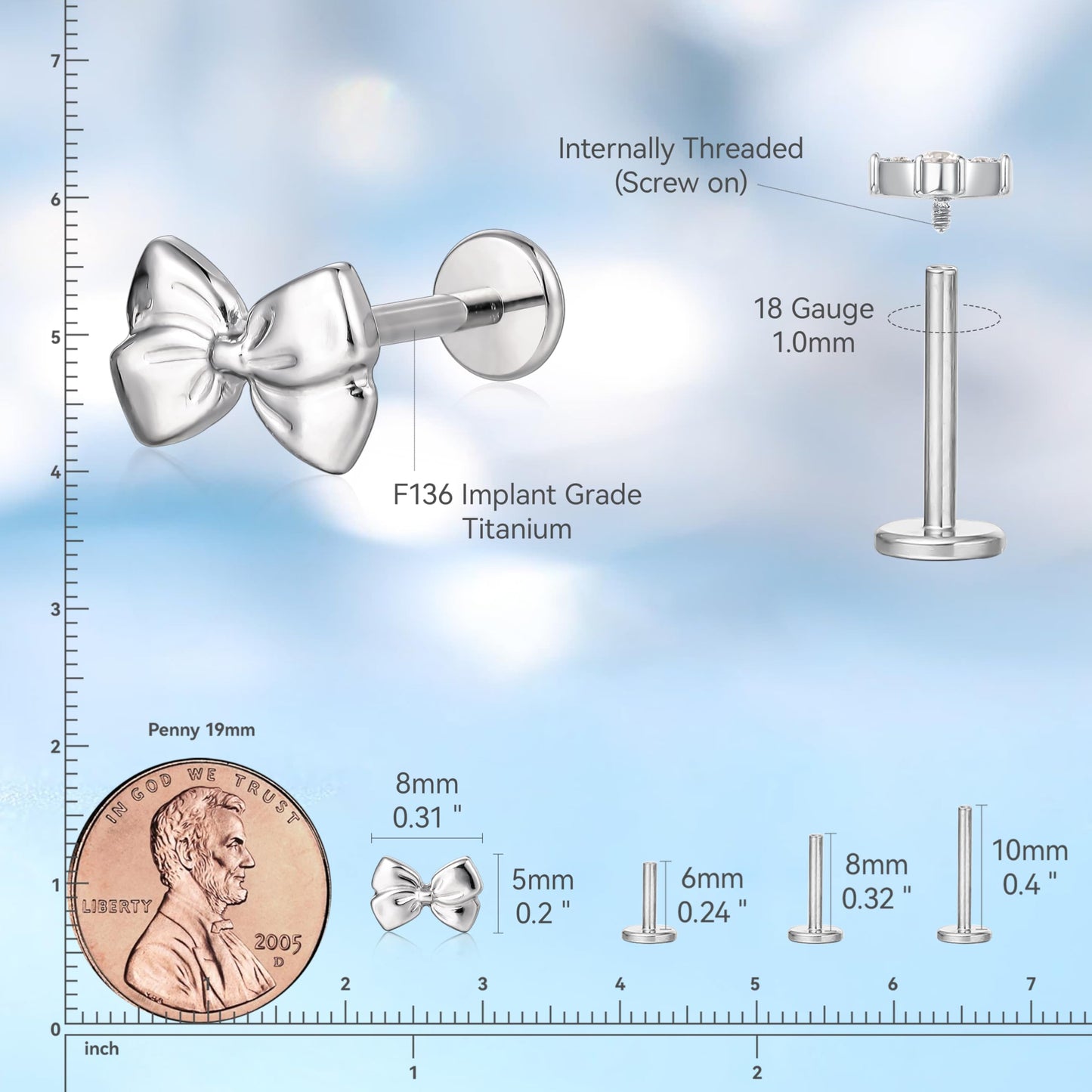 limerencia F136 Titanium Hypoallergenic Piercing Jewelry 18G 6mm 8mm 10mm Flat Back Internally Threaded Implant Grade Climber Stud Crawler Earrings For Cartilage,Tragus,Helix,Conch,Nose,Lip(1pc)