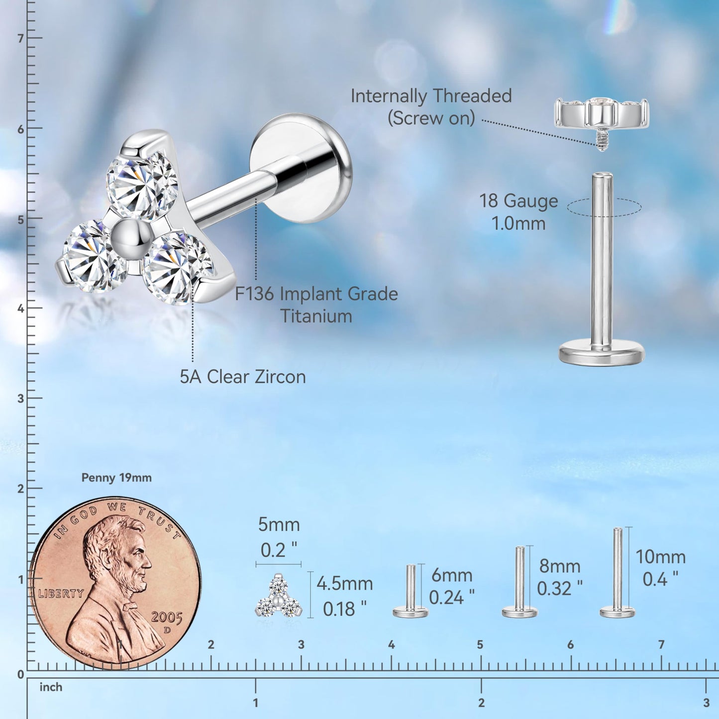 limerencia Hypoallergenic Titanium ASTM F136-18G 6mm 8mm 10mm Flat Back Internal Thread Stud Earring Piercing Jewelry for Tragus Helix Conch Cartilage Nose Lip(1pc)